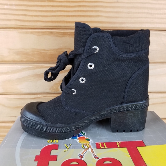 Black Canvas Combat Military Biker Moto Ankle Boots Heeled Lace up 8.5M NEW CL - Picture 6 of 9